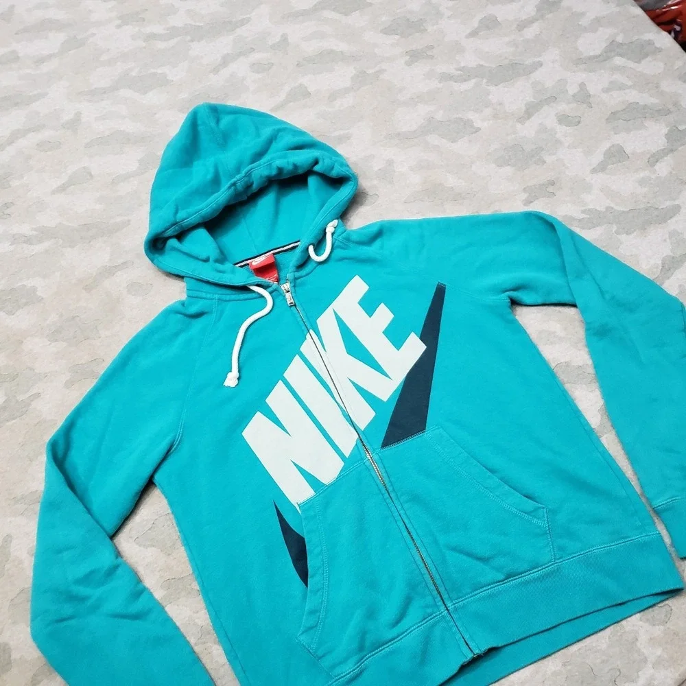 Nike Sweatshirt Womens Medium Green Full Zip Hooded Spell Out Fleece